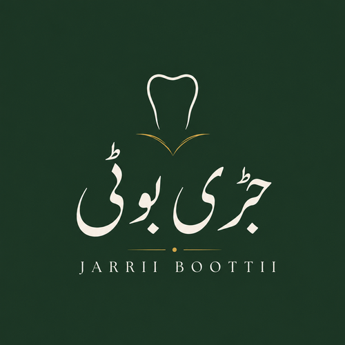 Jarri Booti Organic Herbal Dental Care Powder — open jar showing fluoride-free, SLS-free natural tooth powder with rock salt, cloves, black pepper, and pure mint