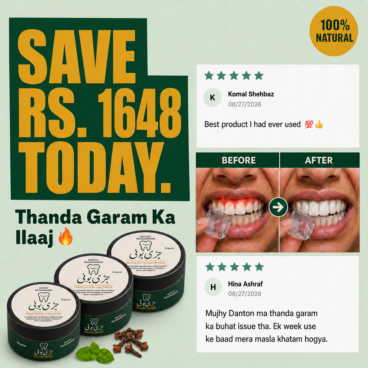 Jarri Boottii Herbal Dental Care Powder for Hot & Cold Sensitivity — 3 Jars Pack