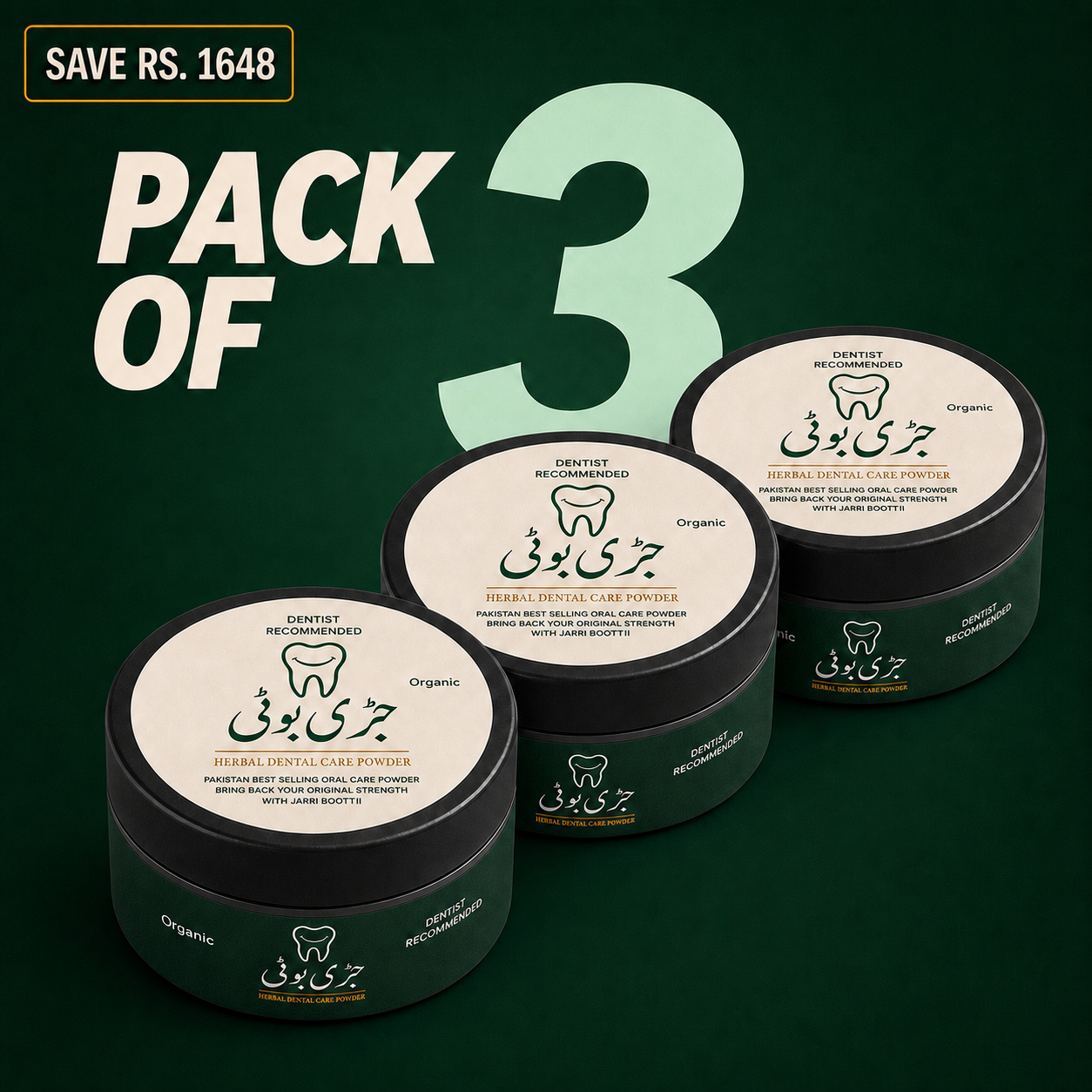 Jarri Boottii Herbal Dental Care Powder for Hot & Cold Sensitivity — 3 Jars Pack