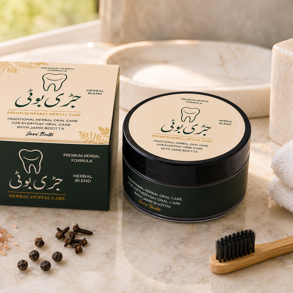 Jarri Boottii premium herbal dental care powder in reusable jar with natural herbal ingredients